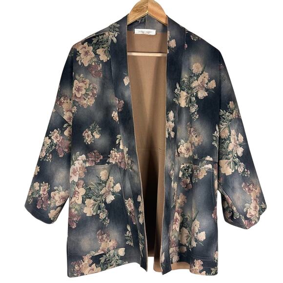 Solitaire Open Front Jacket Womens M Gray Faux Suede Floral Boho Cottagecore - Picture 1 of 5